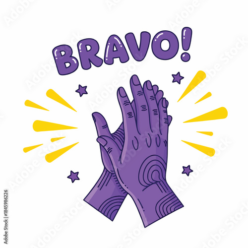 Purple hands clap with yellow starbursts and purple stars. BRAVO! is written above in purple letters.