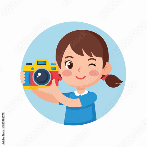 A cartoon girl with brown hair and a blue shirt is holding a yellow and red camera and winking.