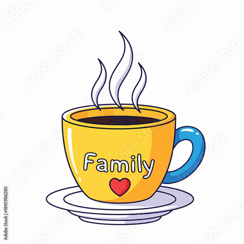 A cheerful yellow coffee cup with a blue handle sits on a saucer, steaming with white wisps. The cup displays the word Family and a red heart.