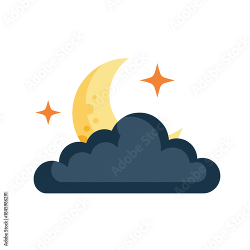 A crescent moon peeks from behind a dark cloud, with two orange stars in the night sky.