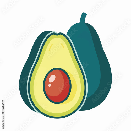 A stylized illustration of a whole avocado next to a halved avocado, revealing its pit and creamy yellow flesh.