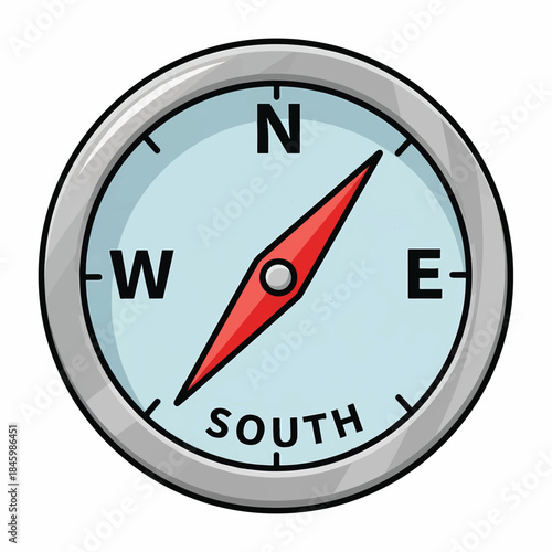 A cartoon compass pointing north-east, with a red needle on a light blue background and silver casing.