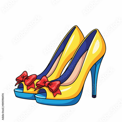 A pair of yellow high heels with red bows and blue soles. Peep-toe style with a striking stiletto heel.