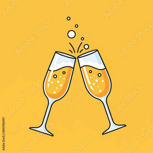 Two champagne glasses clinking together, creating bubbles and a celebratory atmosphere.