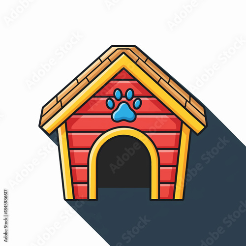 A red and yellow cartoon doghouse with a blue paw print on its front.