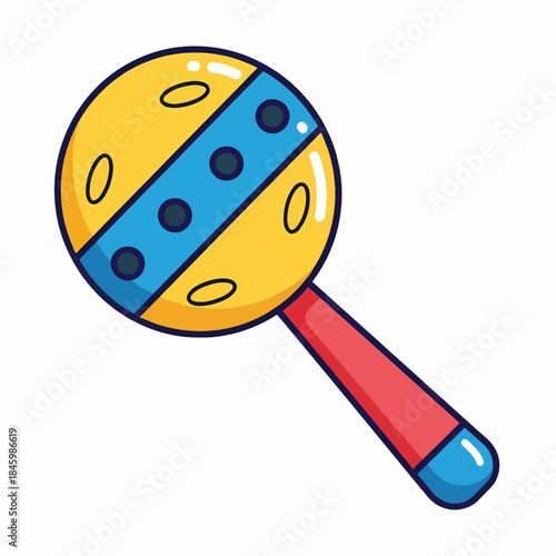 A colorful cartoon rattle with a yellow round head featuring blue and red accents, and a red handle.