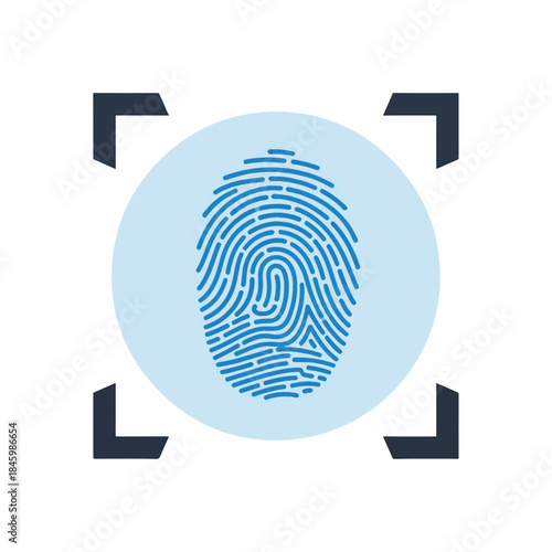 A blue fingerprint is scanned within a frame, symbolizing biometric identification and security.