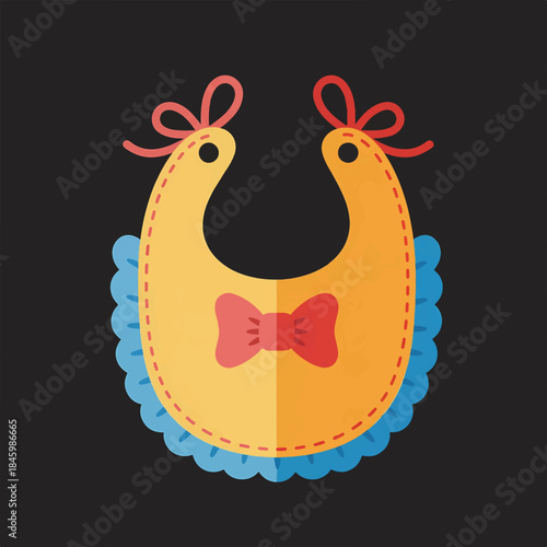 A cute yellow baby bib with blue ruffled edges and a red bow on the front. It has red ties at the top.