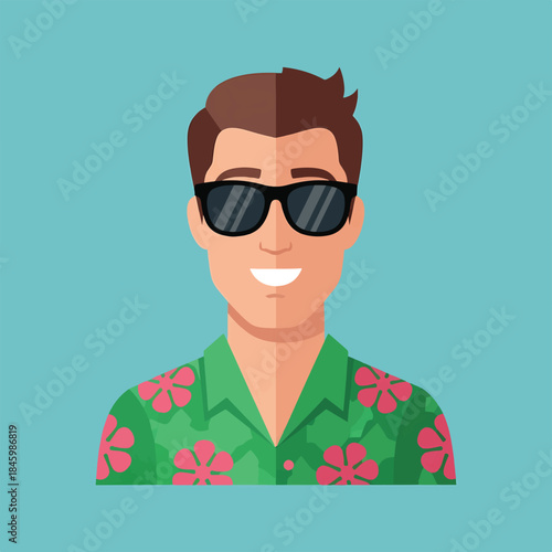 A smiling man in a green Hawaiian shirt and sunglasses against a blue background.