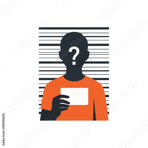 Silhouette of a person with a question mark for a face, holding a blank card, against a mugshot background with horizontal lines.