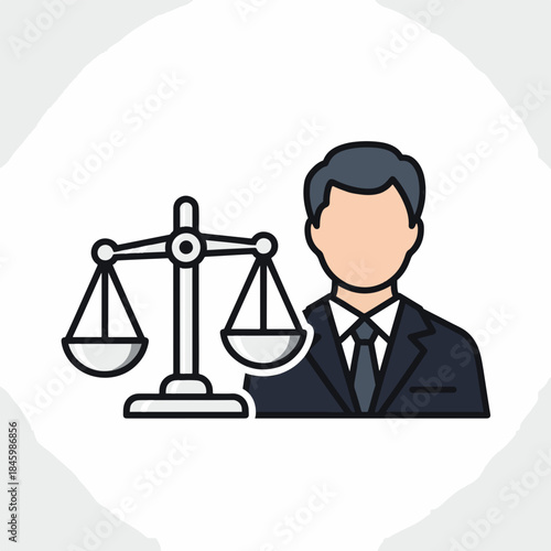 A stylized illustration depicts a man in a suit and tie standing beside a classic balance scale, symbolizing justice and legal representation.