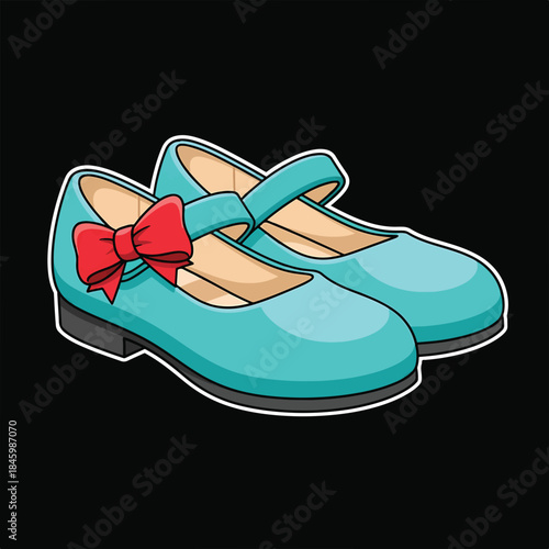 Cute teal Mary Jane shoes with red bows, perfect for a little girl's wardrobe.