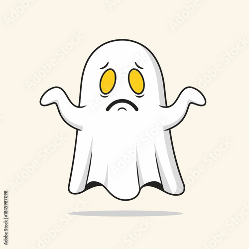 A sad, white cartoon ghost with yellow eyes and a frown, shrugging its shoulders against a plain, light background.