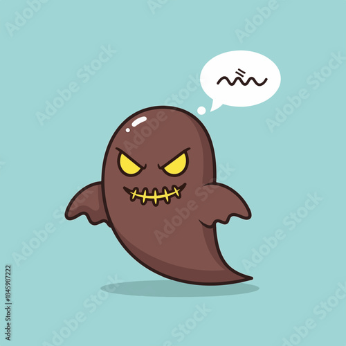 A cute, cartoonish brown ghost with glowing yellow eyes and a stitched mouth is floating, looking grumpy with a thought bubble above its head.