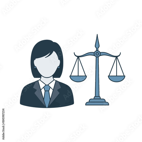A stylized illustration of a woman in a suit and tie stands next to a blue balance scale, symbolizing justice and the legal profession.