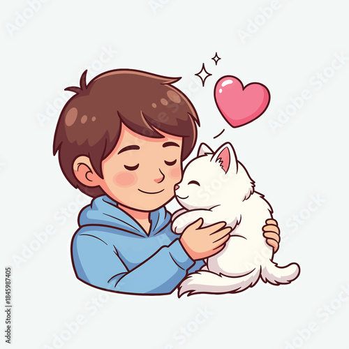 A boy embraces his fluffy white cat with love and affection. A pink heart floats above them, symbolizing their bond.