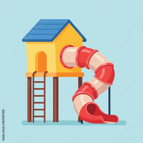 A cheerful, cartoon-style playground with a yellow playhouse, a ladder, and a red, spiraling tube slide against a light blue background.