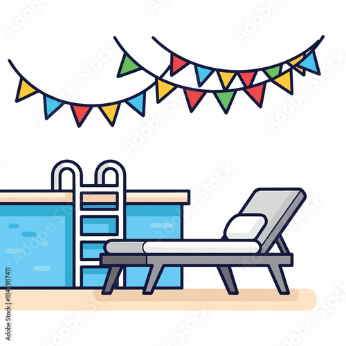 Colorful bunting flags hang above a poolside lounge chair and ladder, suggesting a summer celebration or vacation.