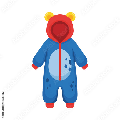 Blue hooded onesie with red accents and yellow bear ears, featuring a circular chest detail and playful spots. Perfect for cozy comfort!