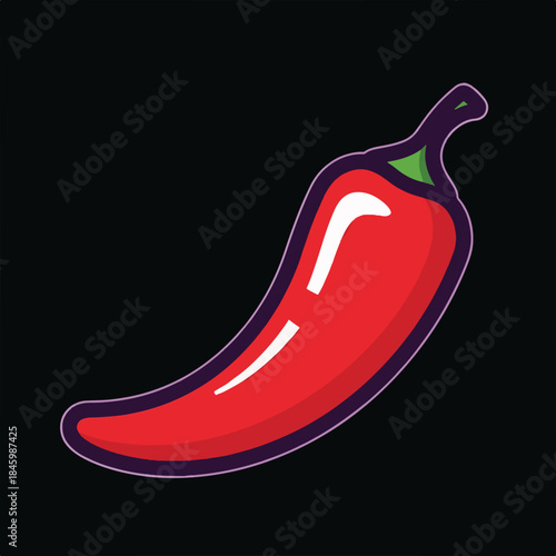 A vibrant, cartoon-style red chili pepper with a glossy sheen and a dark purple outline. It's set against a stark black background.