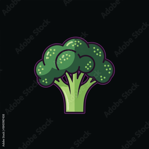 Stylized vector illustration of a vibrant green broccoli florets with a purple outline against a black background. A healthy, cartoonish depiction.