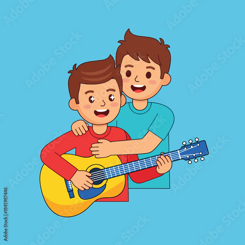 Two young boys, one playing a guitar, the other embracing him from behind. Both smiling, against a bright blue background.