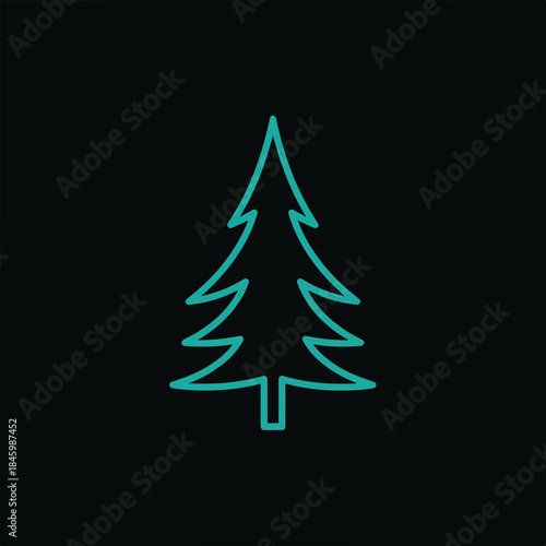 A minimalist teal outline of a Christmas tree on a black background.