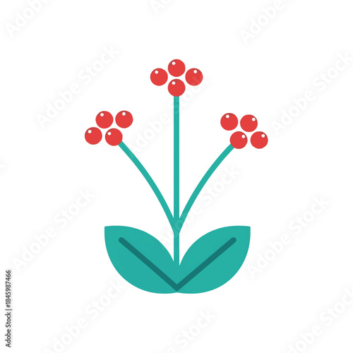A minimalist, stylized illustration of a plant with red berries and teal leaves, set against a white background.