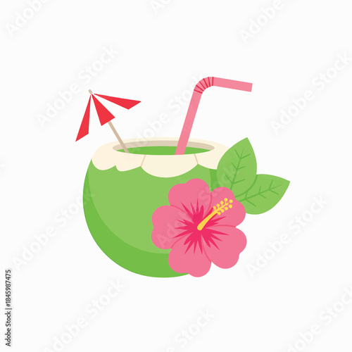 A refreshing coconut drink adorned with a hibiscus flower, umbrella, and straw, evoking a tropical paradise.