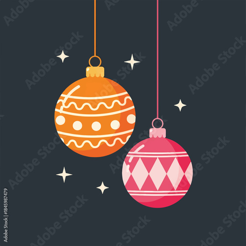 Festive Christmas ornaments, one orange with white patterns and one pink with diamond shapes, hang against a dark background with twinkling stars.