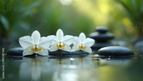Three white orchids float on dark water beside zen balanced stones. Lush green foliage blurs in soft sunlight, creating a tranquil spa scene. Nature harmony, peaceful atmosphere.