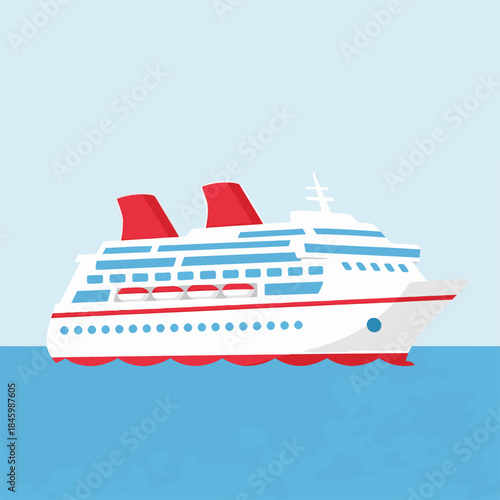 A white cruise ship with red accents sails on a calm blue ocean under a light blue sky.