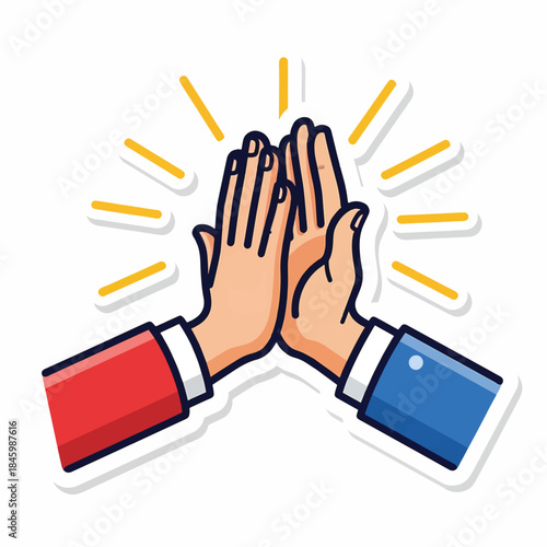 Two hands, one in a red sleeve and one in a blue sleeve, high-fiving with yellow rays emanating from the impact point, symbolizing success and celebration.