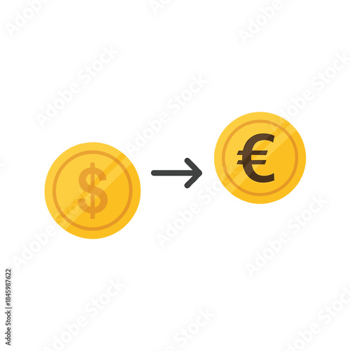 A gold coin with a dollar sign transitions into a gold coin with a euro sign, representing currency exchange.