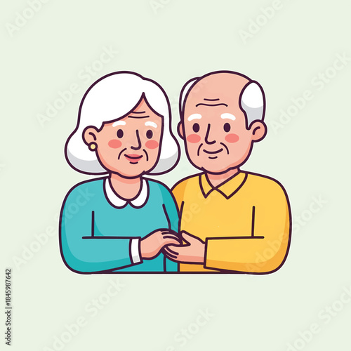 A charming cartoon illustration of an elderly couple holding hands. They have a warm, friendly appearance with rosy cheeks and simple clothing.