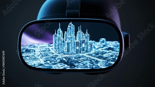 Immersive virtual reality experience with futuristic city in focus