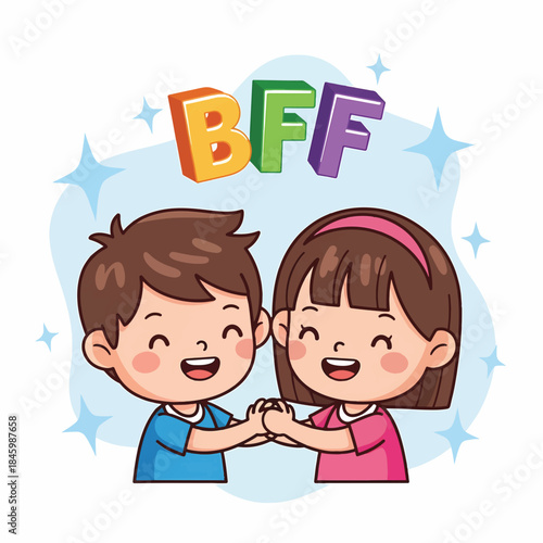 Two happy cartoon children, a boy and a girl, holding hands with BFF above them on a starry blue background, representing friendship.