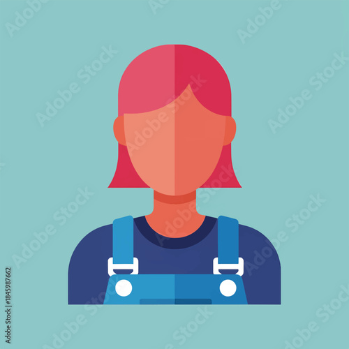 A stylized, flat illustration of a person with short, pink hair and blue overalls against a teal background.