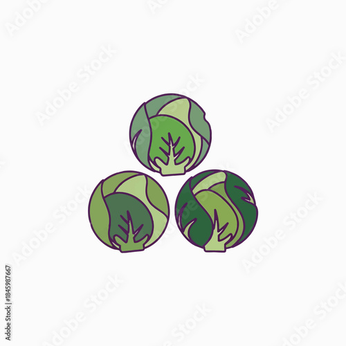 A stylized illustration of three Brussels sprouts arranged in a triangular formation on a white background. The sprouts are depicted with green leaves and a purple outline.