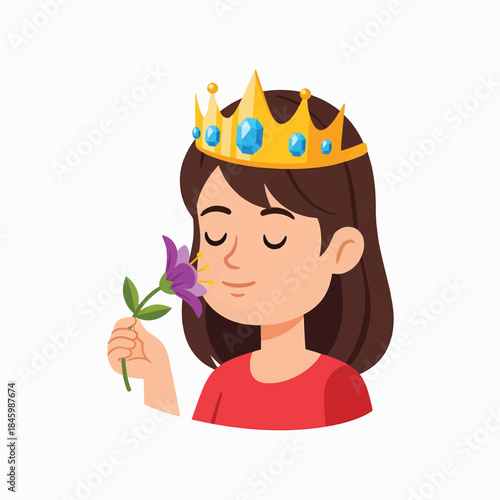 A young girl with a crown on her head closes her eyes and smells a purple flower.