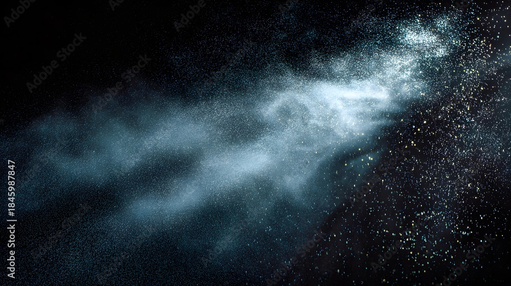 Obraz premium Fine particulate matter disperses across a deep black background illuminated by soft light
