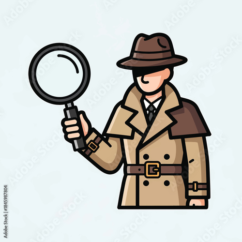 A cartoon detective in a trench coat and hat holds a magnifying glass, ready to investigate.