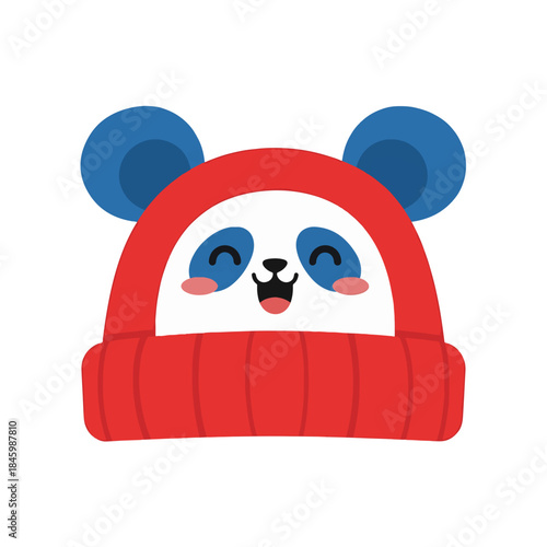 A cute panda wearing a red knitted hat with blue pom-poms on the ears. It has a cheerful expression and rosy cheeks.