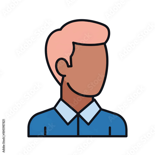A flat illustration of a person's head and shoulders. They have light pink hair and a blue shirt.