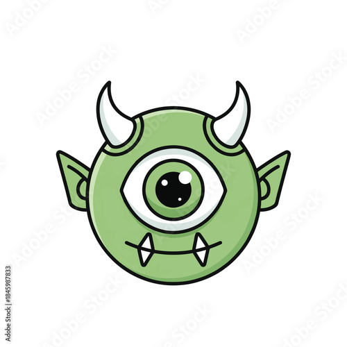A cute, green, one-eyed monster with horns and fangs smiles on a white background.