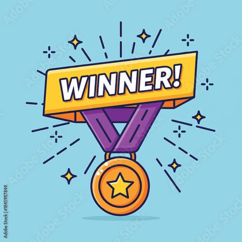 A golden medal with a star inside, suspended by a purple ribbon, proudly displays the word WINNER! amidst celebratory sparkles on a light blue background.