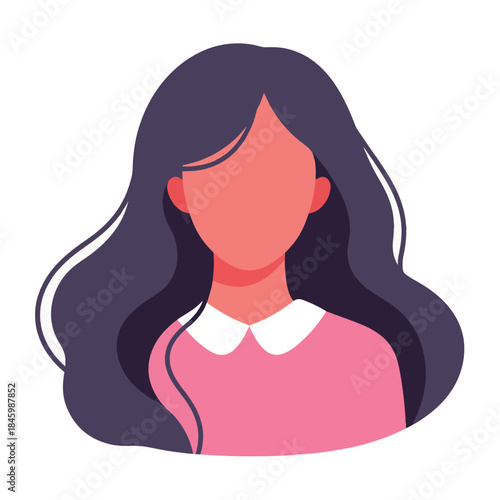Flat illustration of a woman with long, dark hair and a pink top with a white collar against a white background.