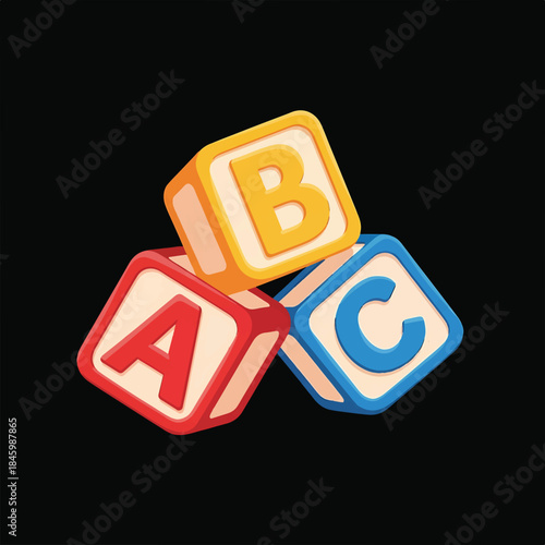 Three colorful ABC blocks, with letters A, B, and C, are stacked in a playful arrangement against a black background, symbolizing early learning and alphabet recognition.