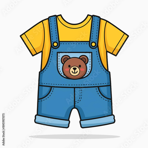 A cute cartoon image of a yellow t-shirt layered with blue denim overalls featuring a teddy bear patch. Perfect for babies and toddlers.
