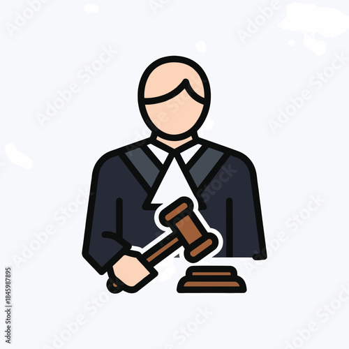 A stylized, cartoonish illustration of a judge in traditional robes holding a gavel above a sounding block, ready to make a ruling.